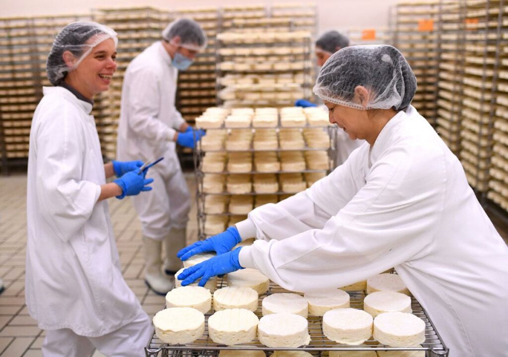 Laboratoire de la fromagerie, des salariés travaillent.